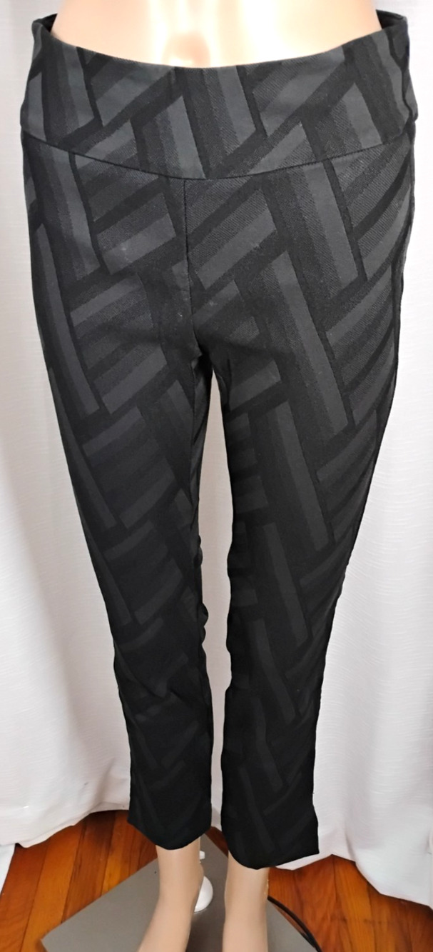 Black Slim Tapered Ankle Pants Slit Hem Stretch Geometric Office Siren